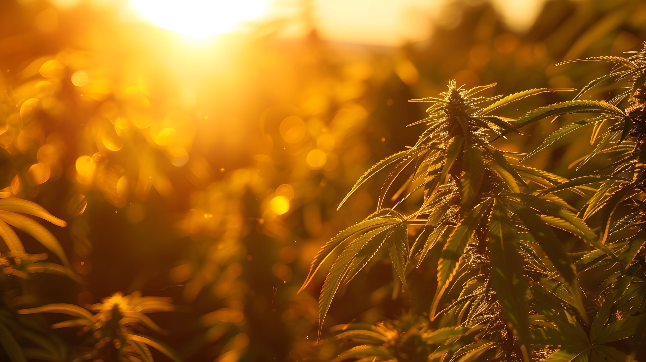 Warm evening light over a flowering hemp plant