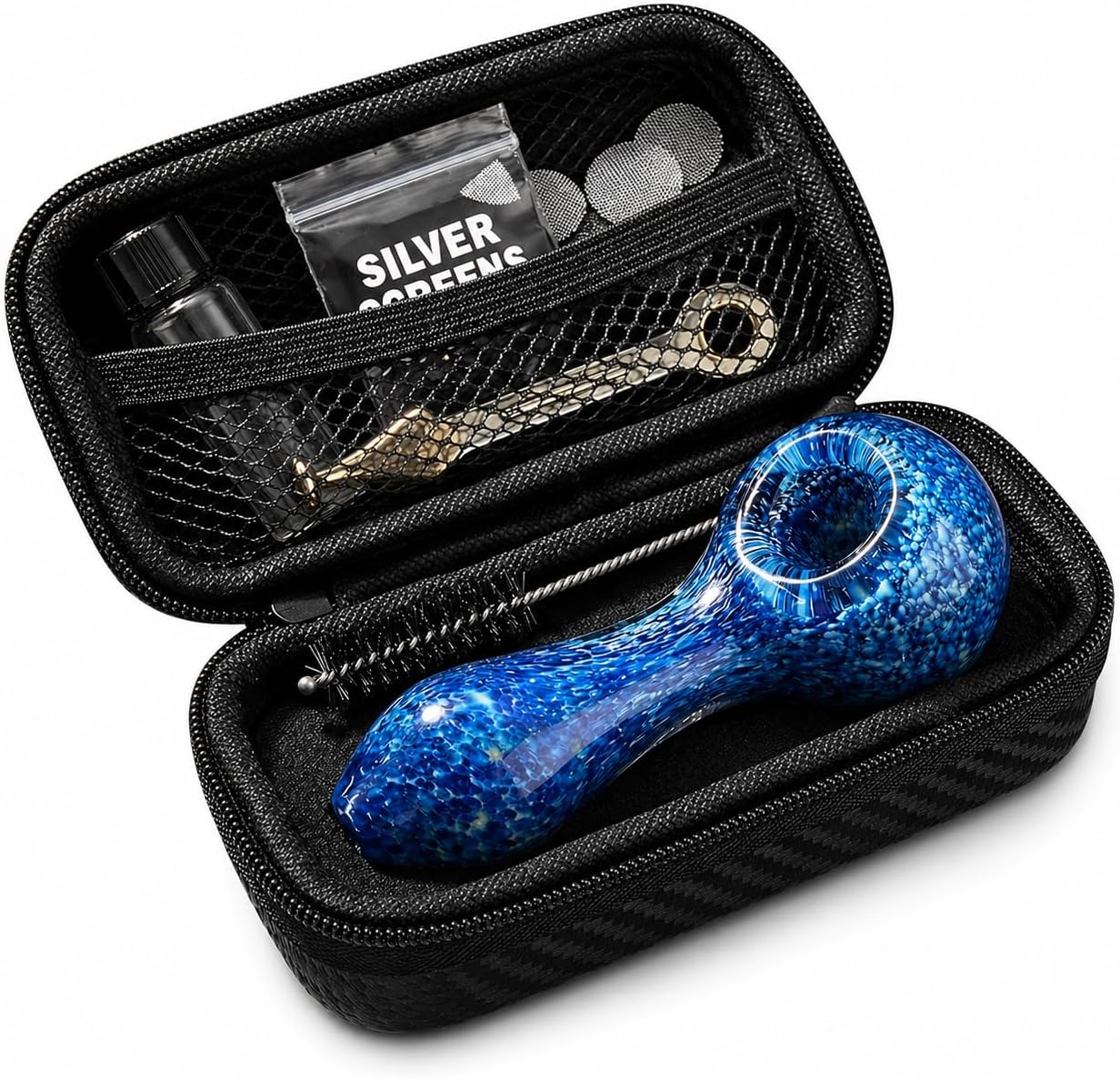 4-inch glass tobacco pipe with tamper, cleaner, and carrying case