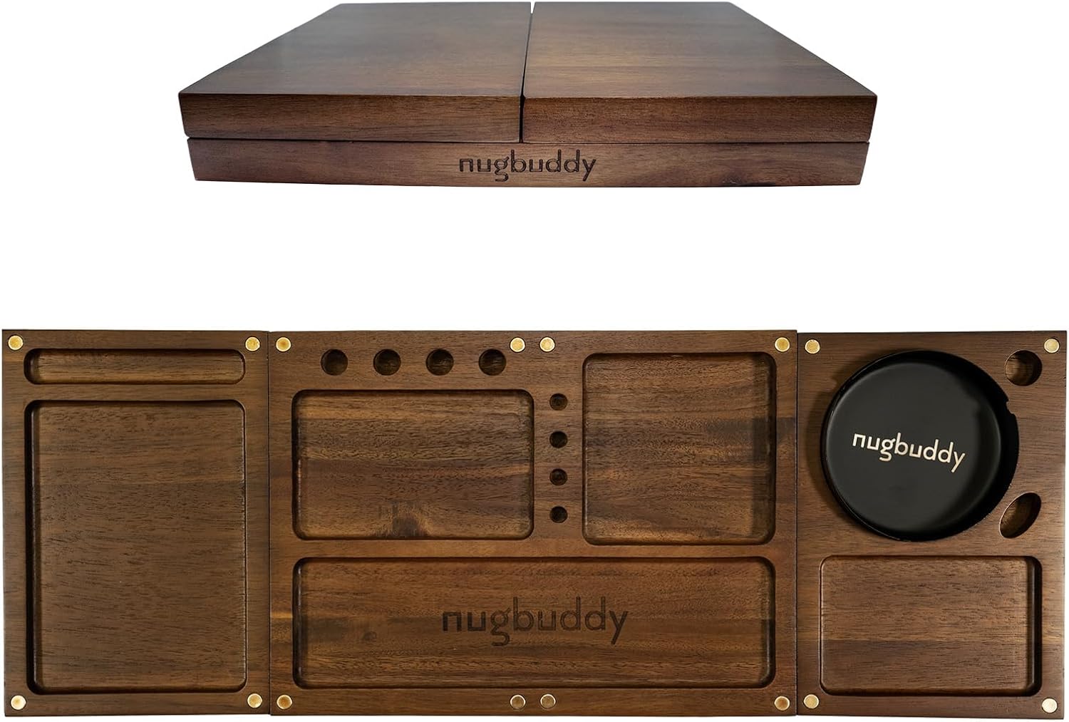 Acacia wood 3-in-1 folding rolling tray set with magnetic lid and removable metal tray